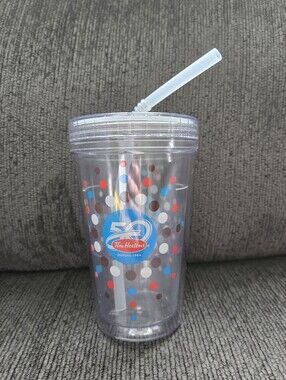 Tim Hortons 50th Anniversary Reusable Cup Clear Plastic Screw Lid Straw 2014